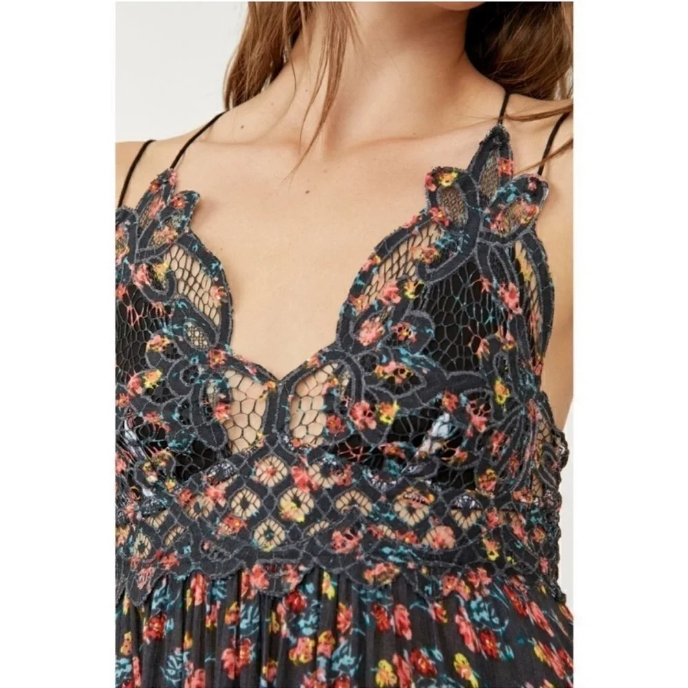 Free People Adella Printed Slip Mini Dress XS Black Combo Floral Festival Boho